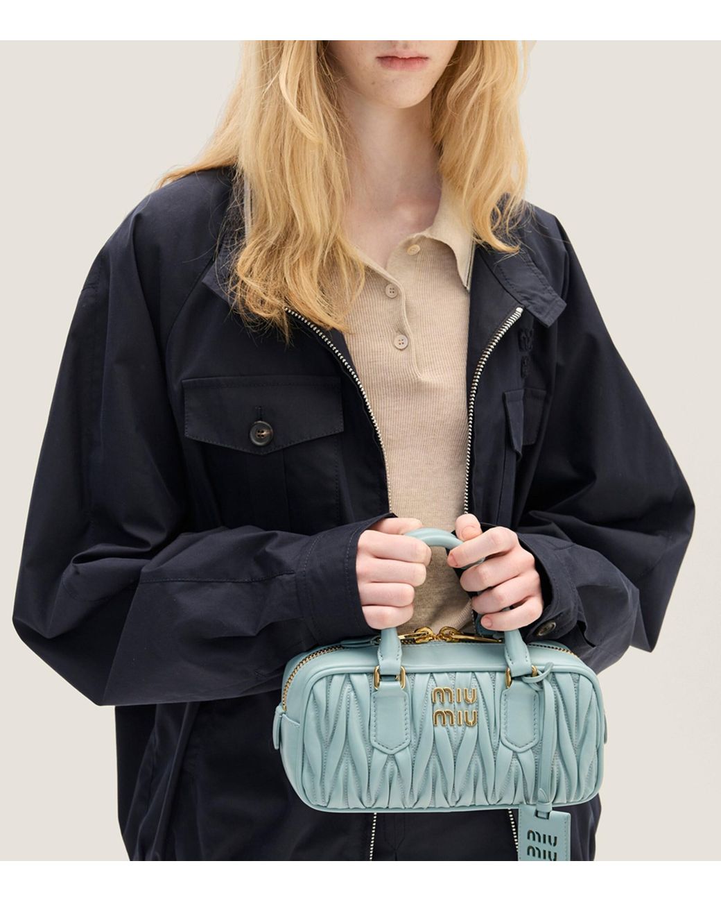 Miu Miu Blue Matelassé Leather Arcadie Top-Handle Bag