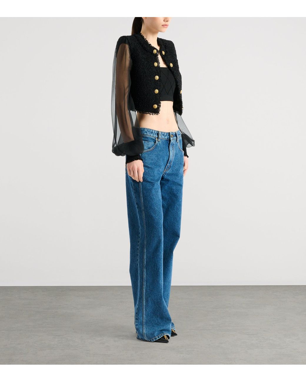 Balmain Black Tweed Muslin-Sleeve Blouse