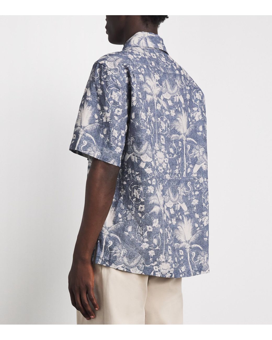 Eleventy Blue Linen Printed Bowling Shirt for men