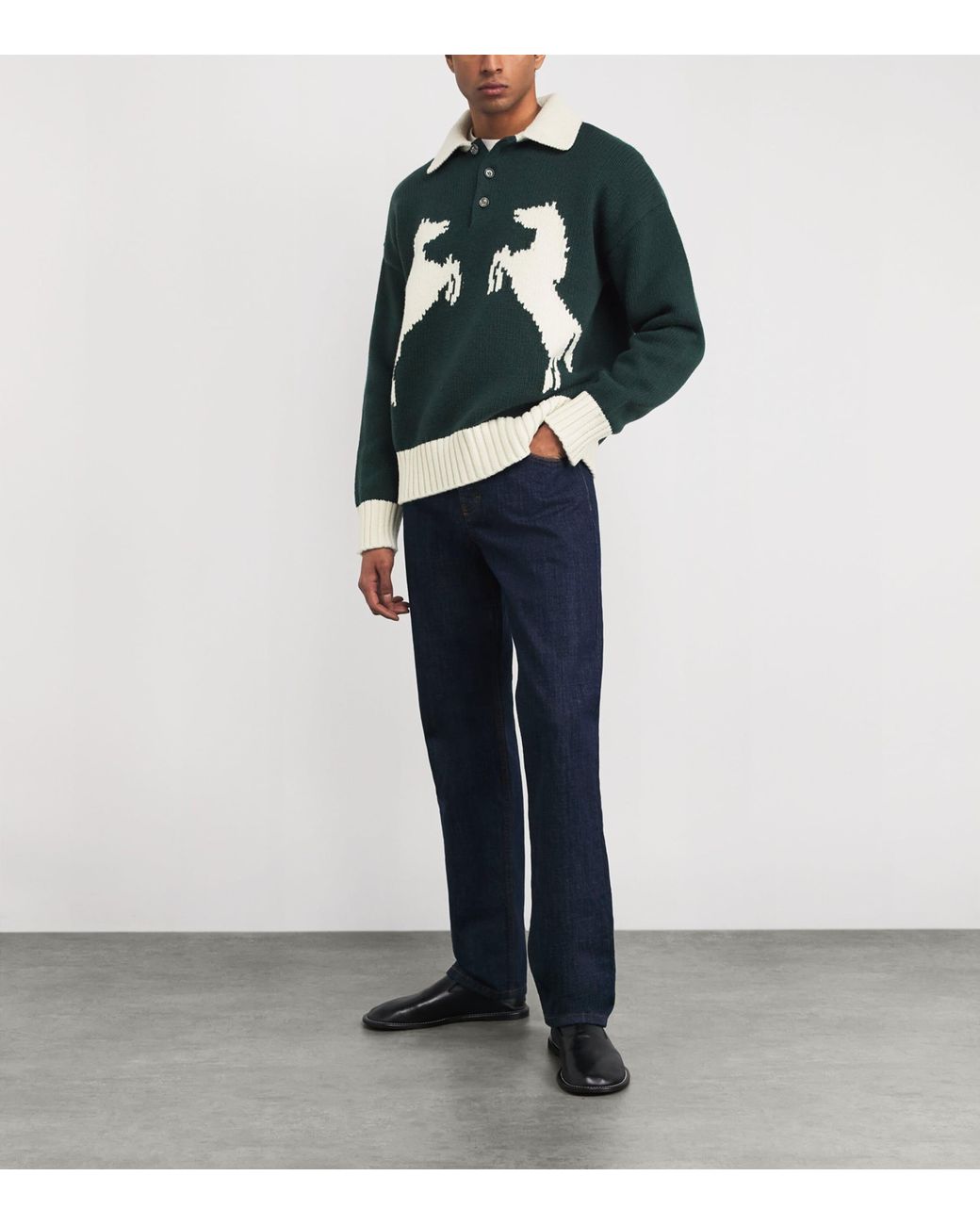AMI Green Wool-Blend Intarsia Polo Sweater for men