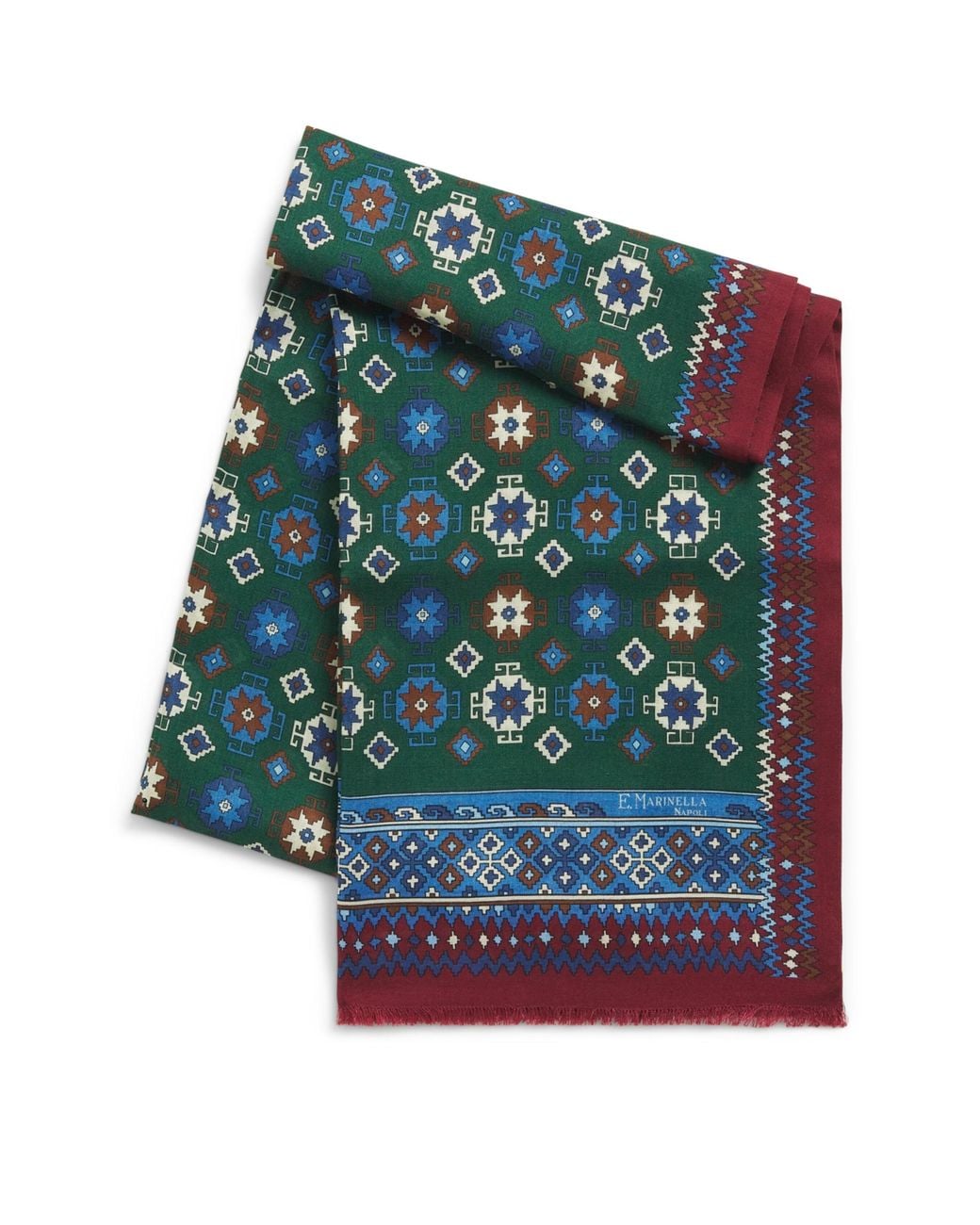 E.MARINELLA Green Wool-Silk Geometric Print Scarf for men