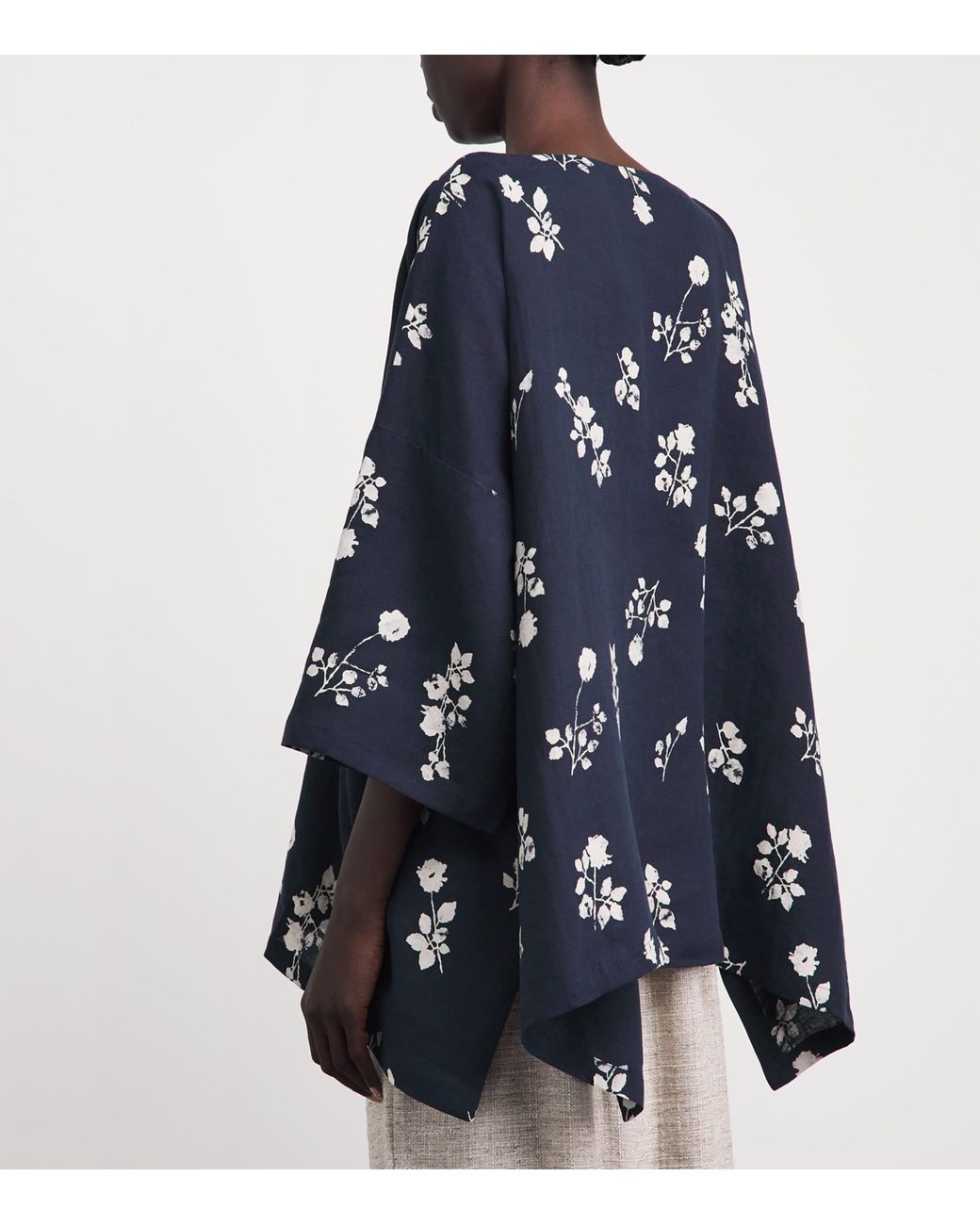 Eskandar Blue Linen Floral Boat-Neck Blouse
