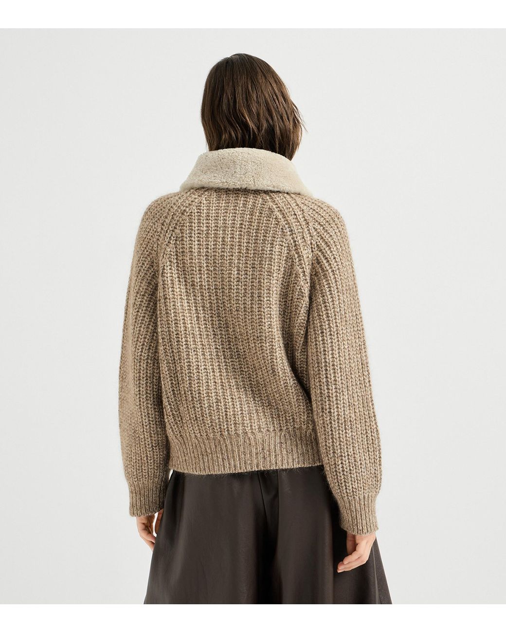 Brunello Cucinelli Brown Shearling-Trim Cardigan