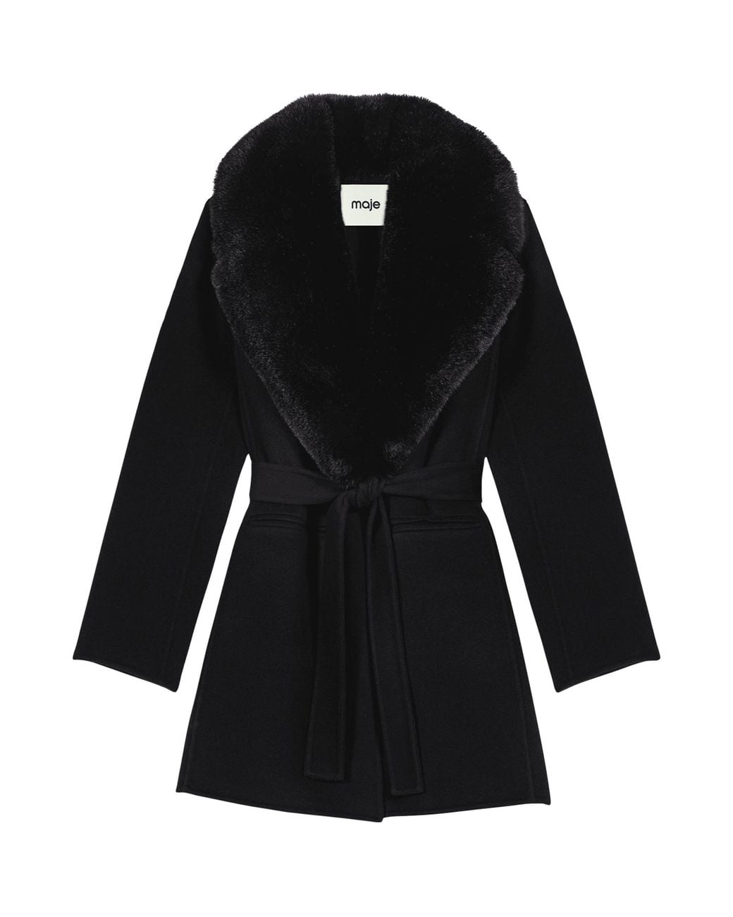 Maje Black Wool-Blend Wrap Coat