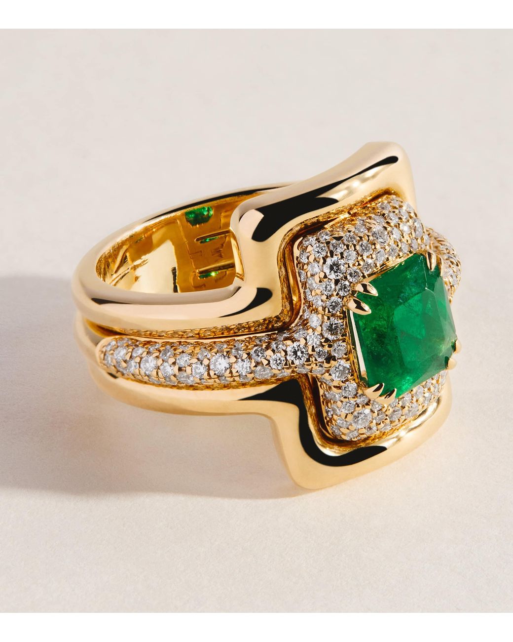 Azlee Metallic X Gemfields, Pavé Diamond And Emerald Origins Contour Ring