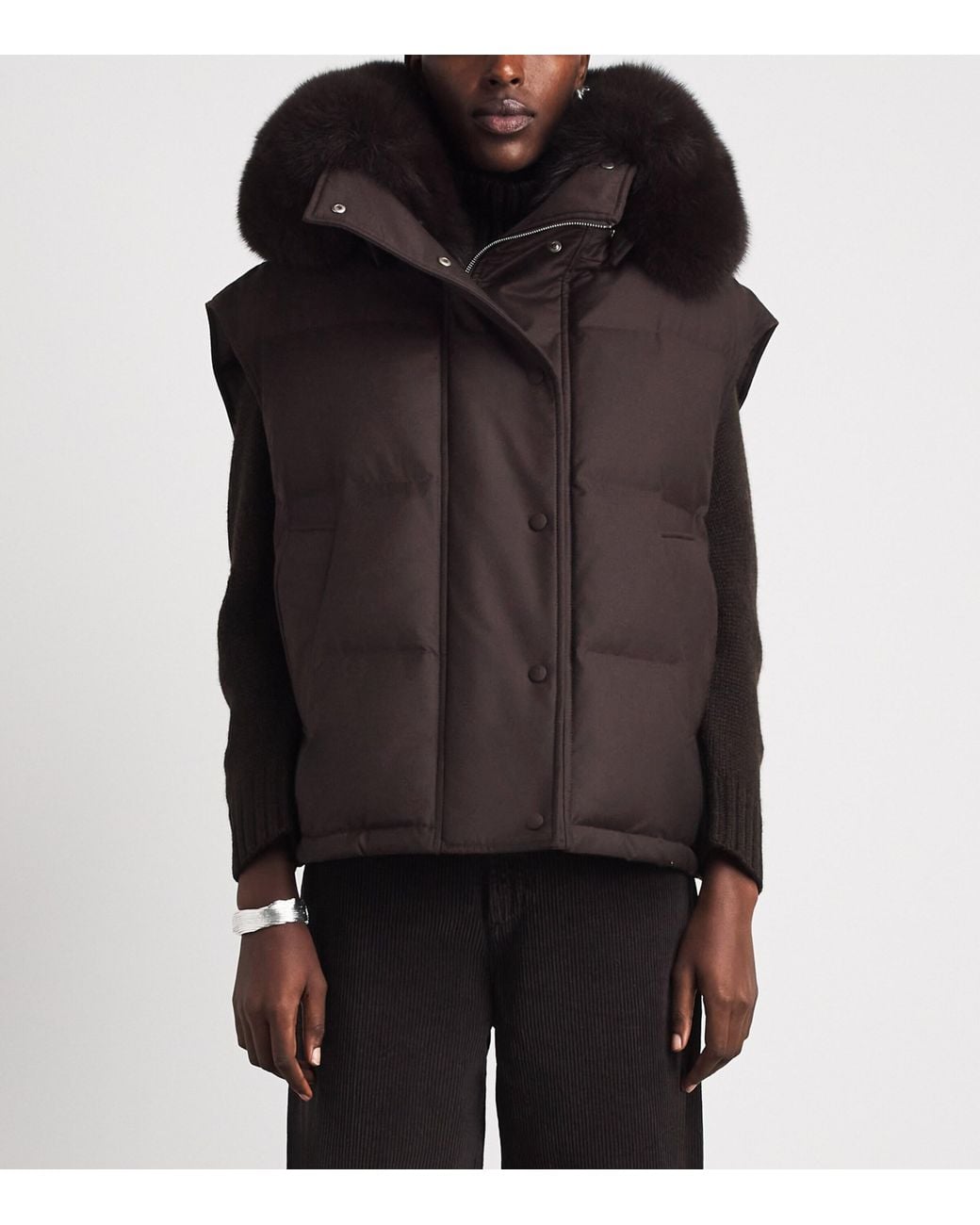 Yves Salomon Brown Virgin Wool-Silk Fox Trim Gilet