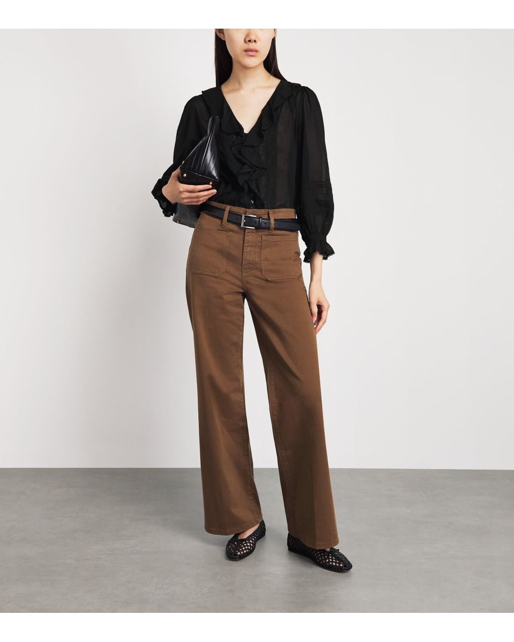 ME+EM Black Cotton Voile Ruffle Blouse