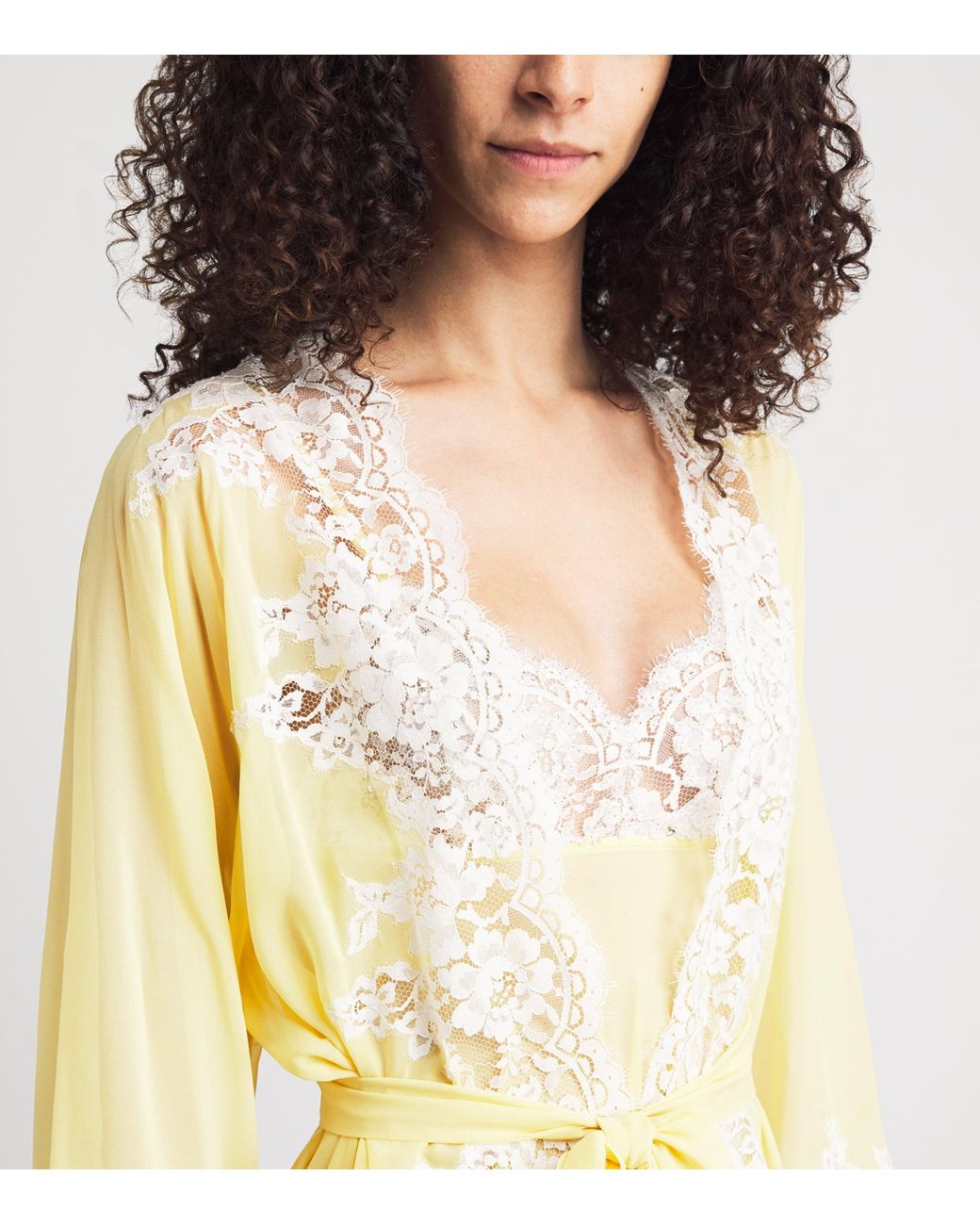 Rosamosario Yellow Silk Georgette Lace La Papessa Robe