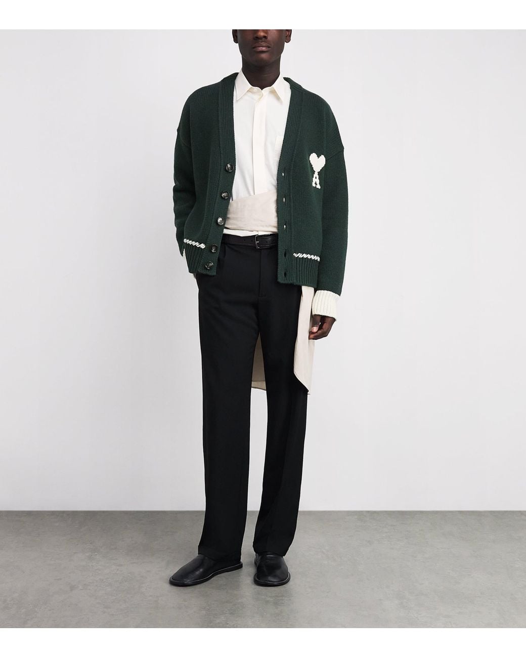 AMI Green Wool-Blend Whipstitch Logo Cardigan for men