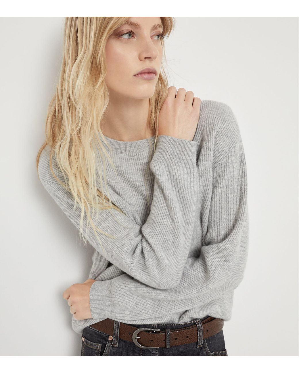 Brunello Cucinelli Gray Cashmere Monili-Trim Sweater