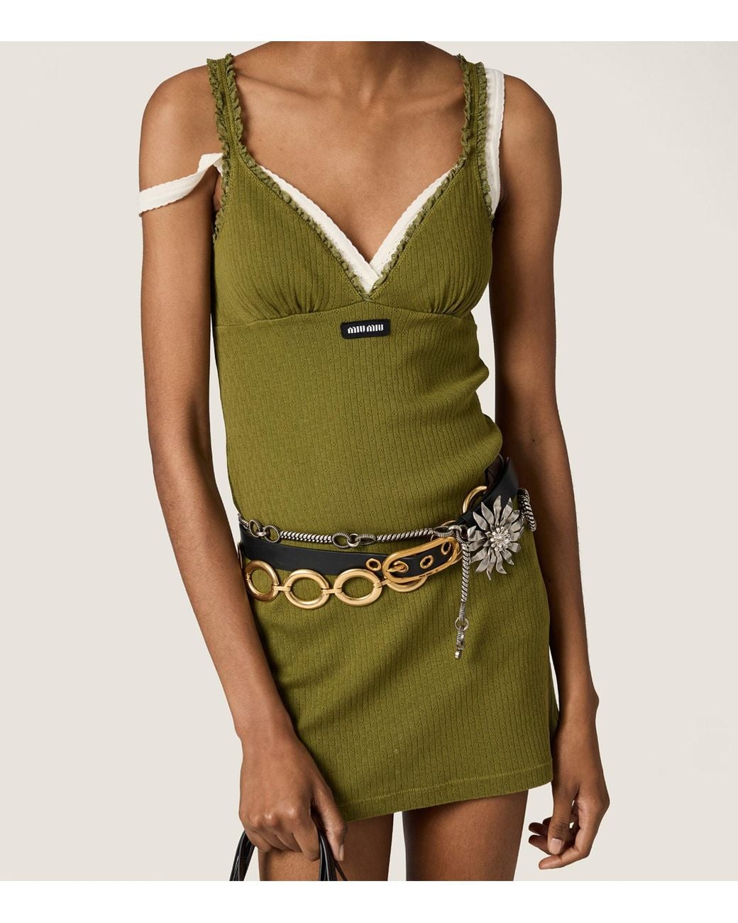 Miu Miu Green Cotton Lace-Trim Mini Dress