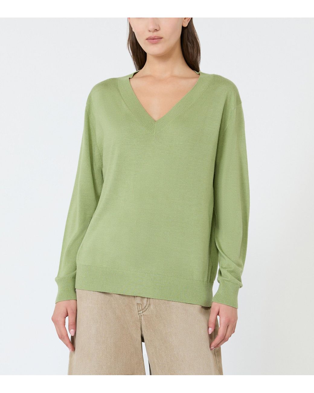 Weekend by Maxmara Green Wool-Silk V-Neck Sweater