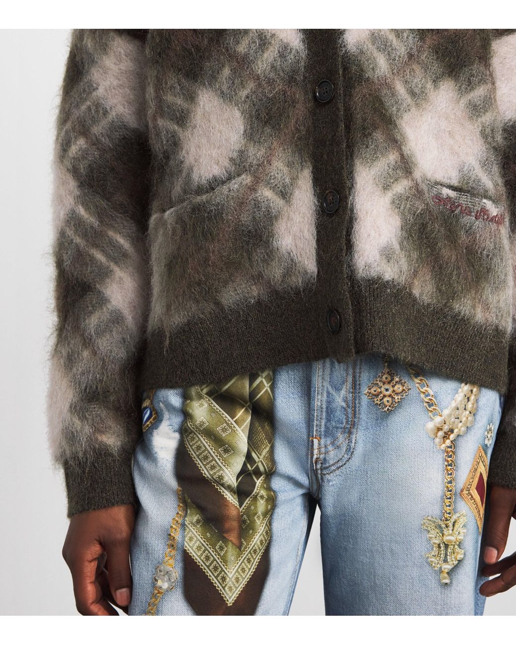 Acne Brown Argyle V-Neck Knit Cardigan