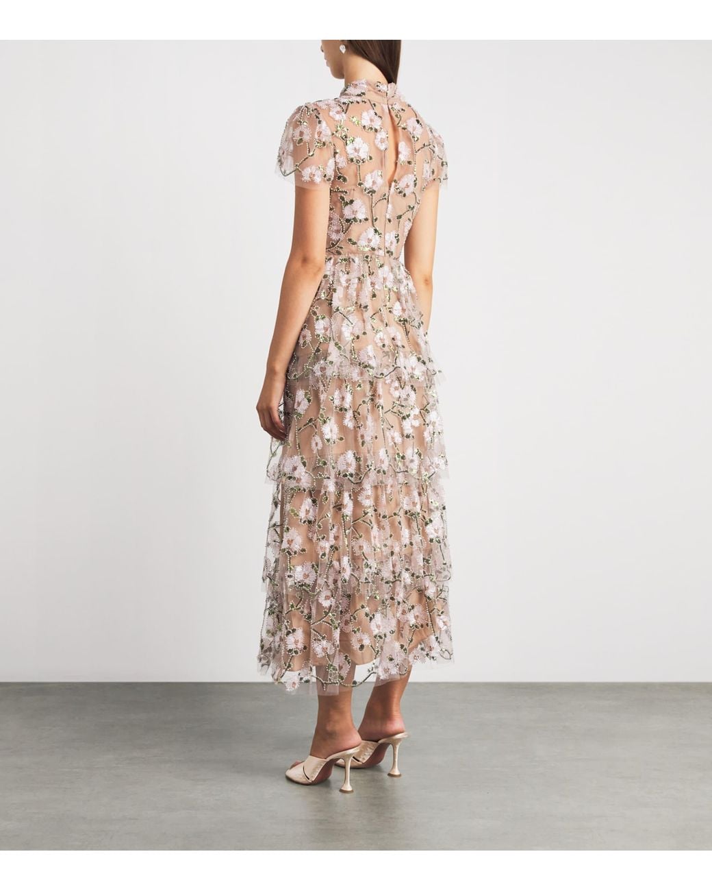 Self-Portrait Natural Sequin-Embellished Tiered Midi Dress