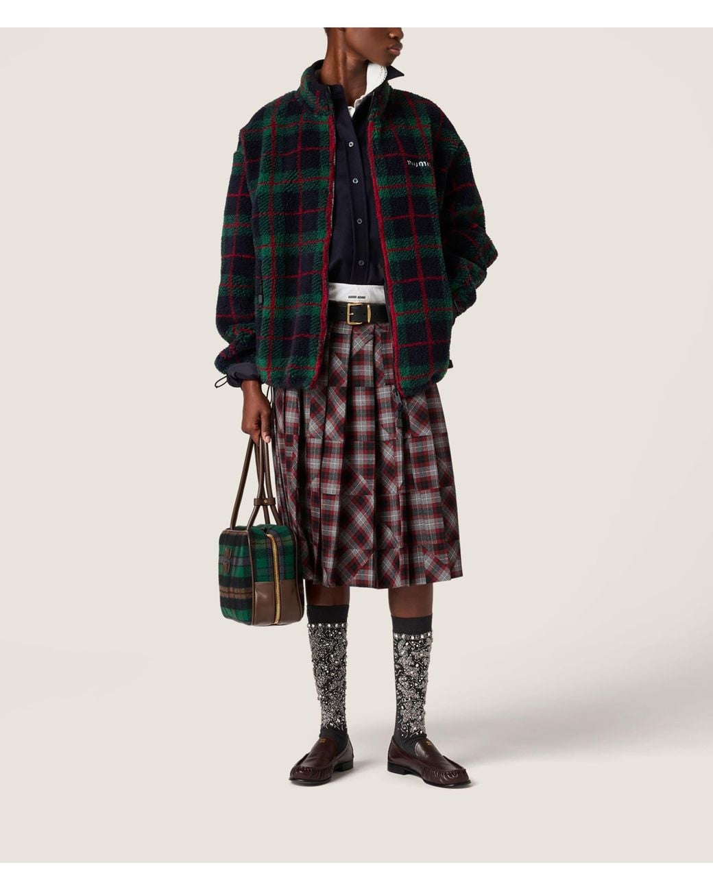 Miu Miu Black Fleece Check Zip-Up Jacket