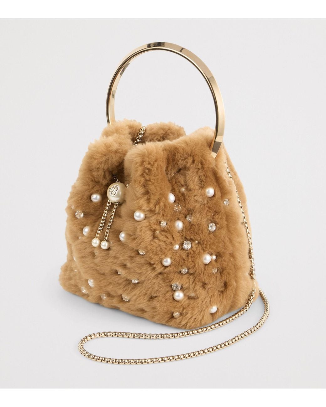 Jimmy Choo Brown Shearling Faux-Pearl Bon Bon Top-Handle Bag