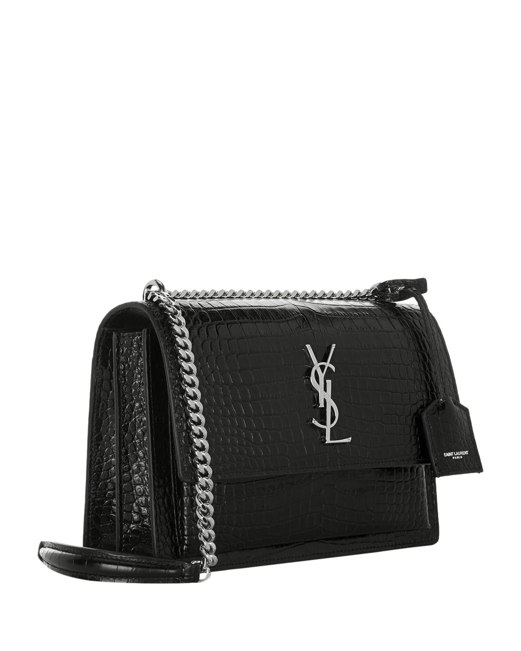 Saint Laurent Black Medium Sunset Croc-Embossed Shoulder Bag