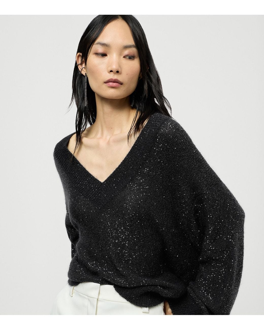 Brunello Cucinelli Black Embellished V-Neck Sweater