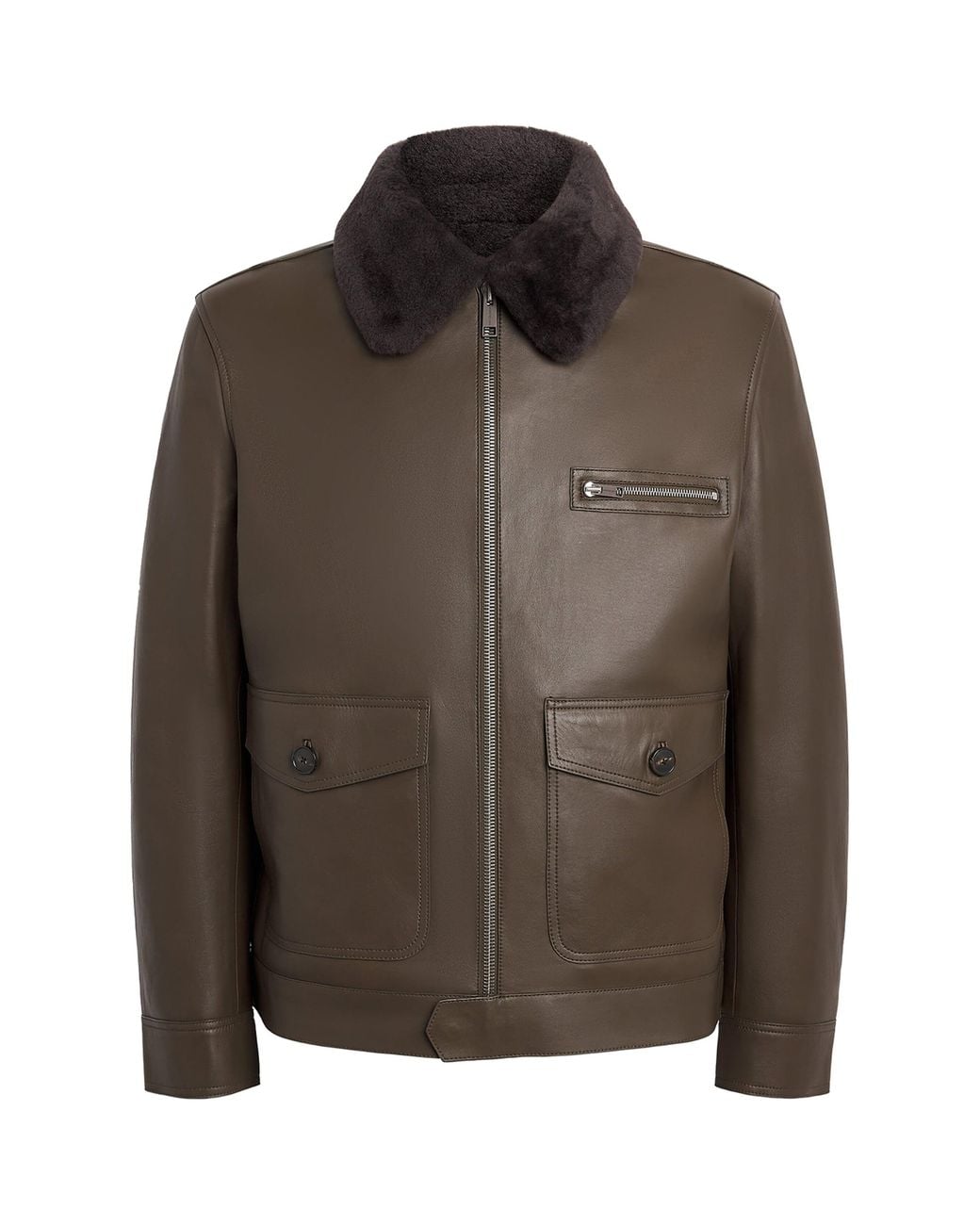 Yves Salomon Brown Shearling-Collar Leather Aviator Jacket for men
