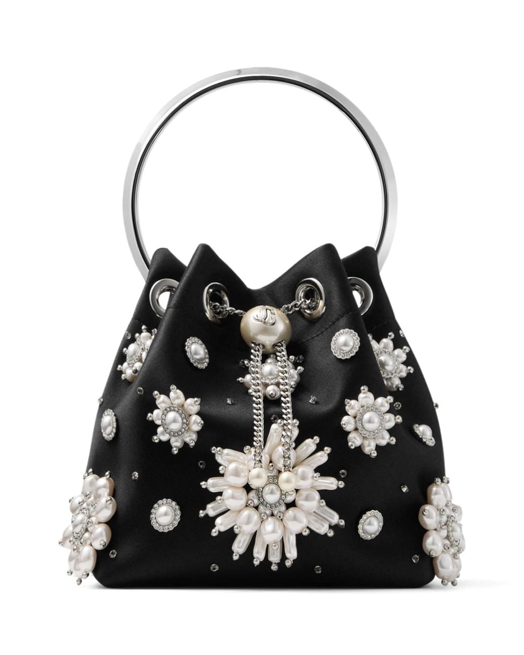 Jimmy Choo Black Satin Bon Bon Pearl Top-Handle Bag