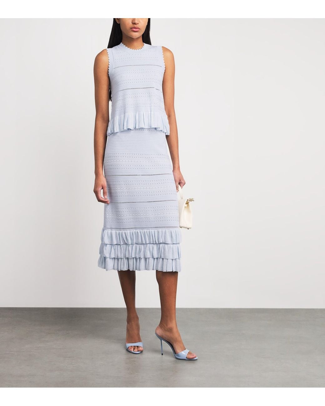Maje White Ruffled Pointelle-Knit Midi Skirt