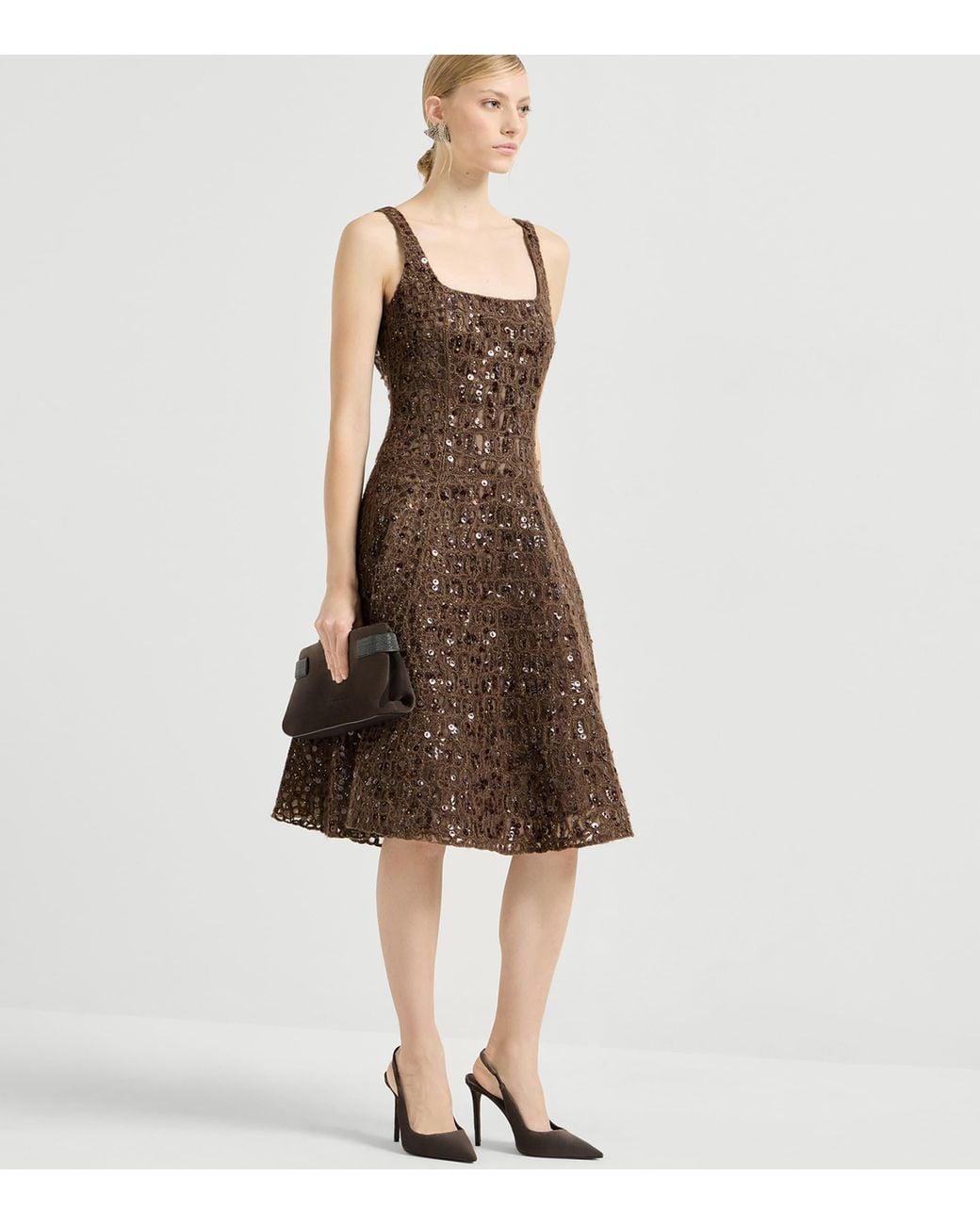 Brunello Cucinelli Brown Mohair-Silk-Linen-Blend Midi Dress