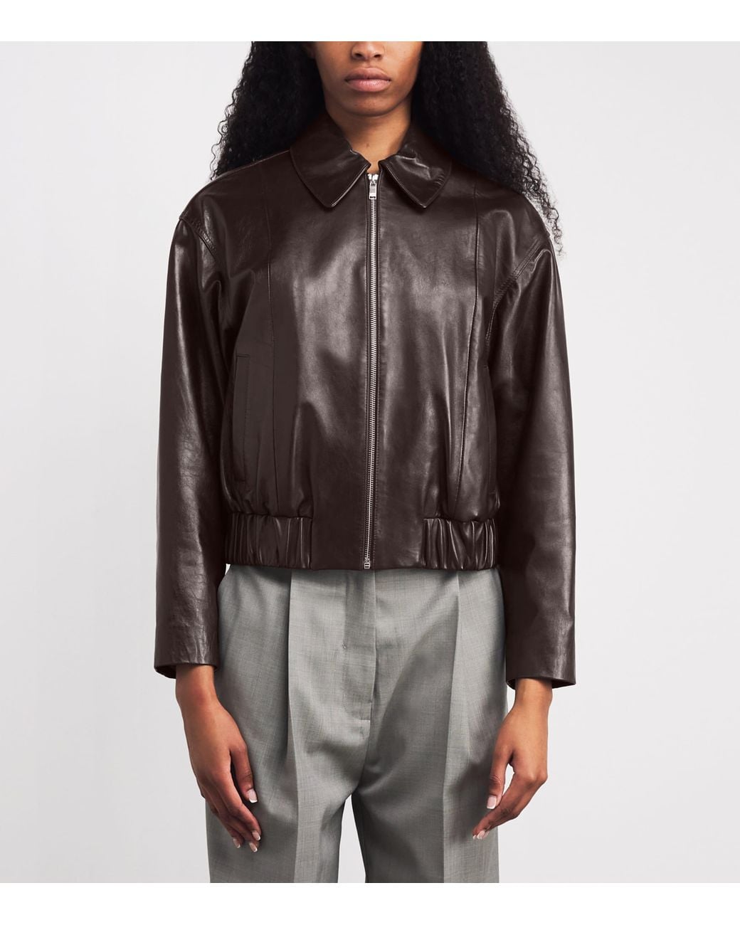 Claudie Pierlot Leather Zip-Up Jacket in Brown | Lyst