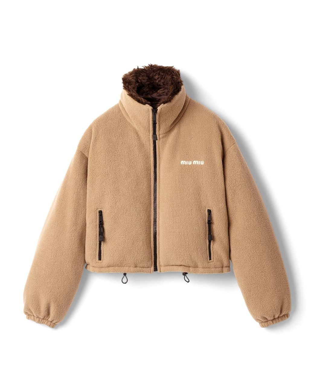 Miu Miu Natural Teddy Funnel-Neck Puffer Jacket