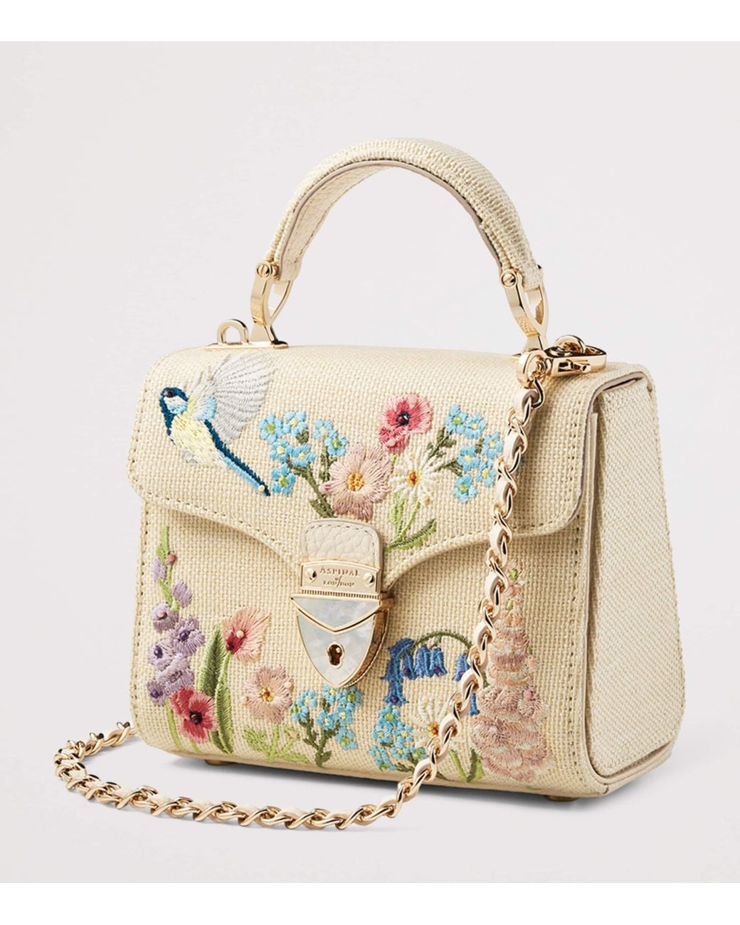 Aspinal Metallic Mini Raffia Floral Embroidery Mayfair Bag
