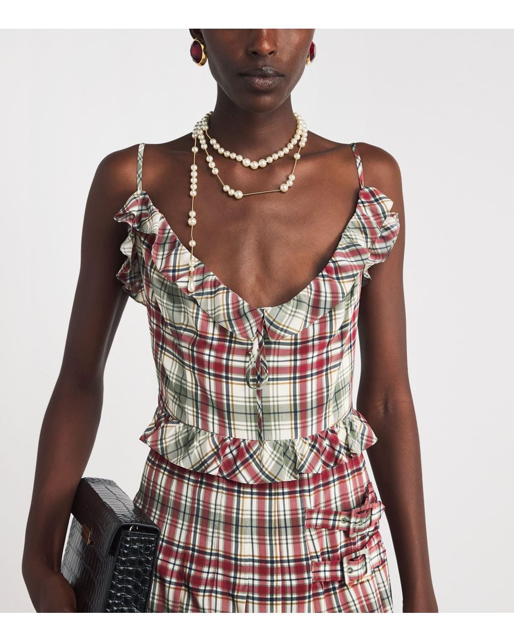 Alessandra Rich Purple Silk Check Ruffled Midi Dress
