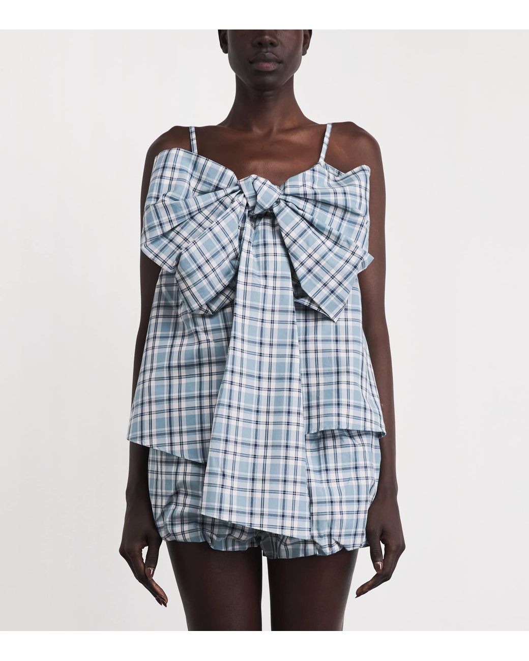 Acne Blue Cotton Check Bow Blouse