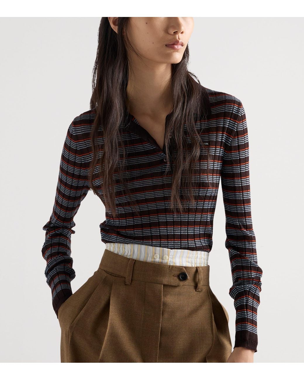 Prada Black Cashmere-Silk Striped Polo Shirt