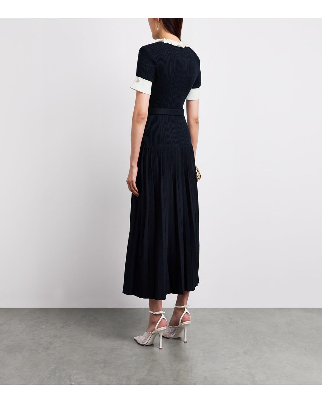 Self-Portrait Black Ribbed Ruffle-Detail Midi Dress