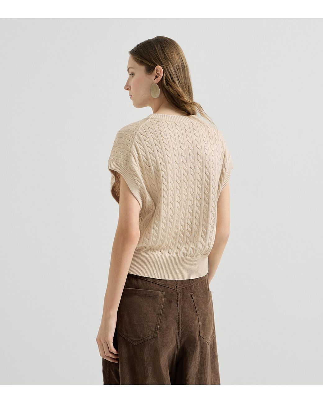 Brunello Cucinelli White Cable-Knit Sparkling Short-Sleeve Sweater