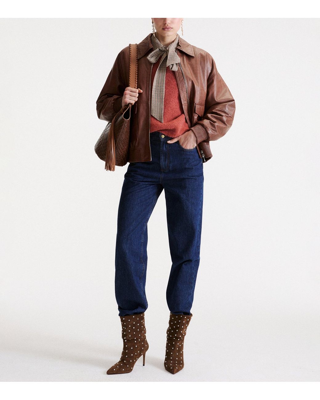 Marella Brown Croc-Embossed Leather Bomber Jacket