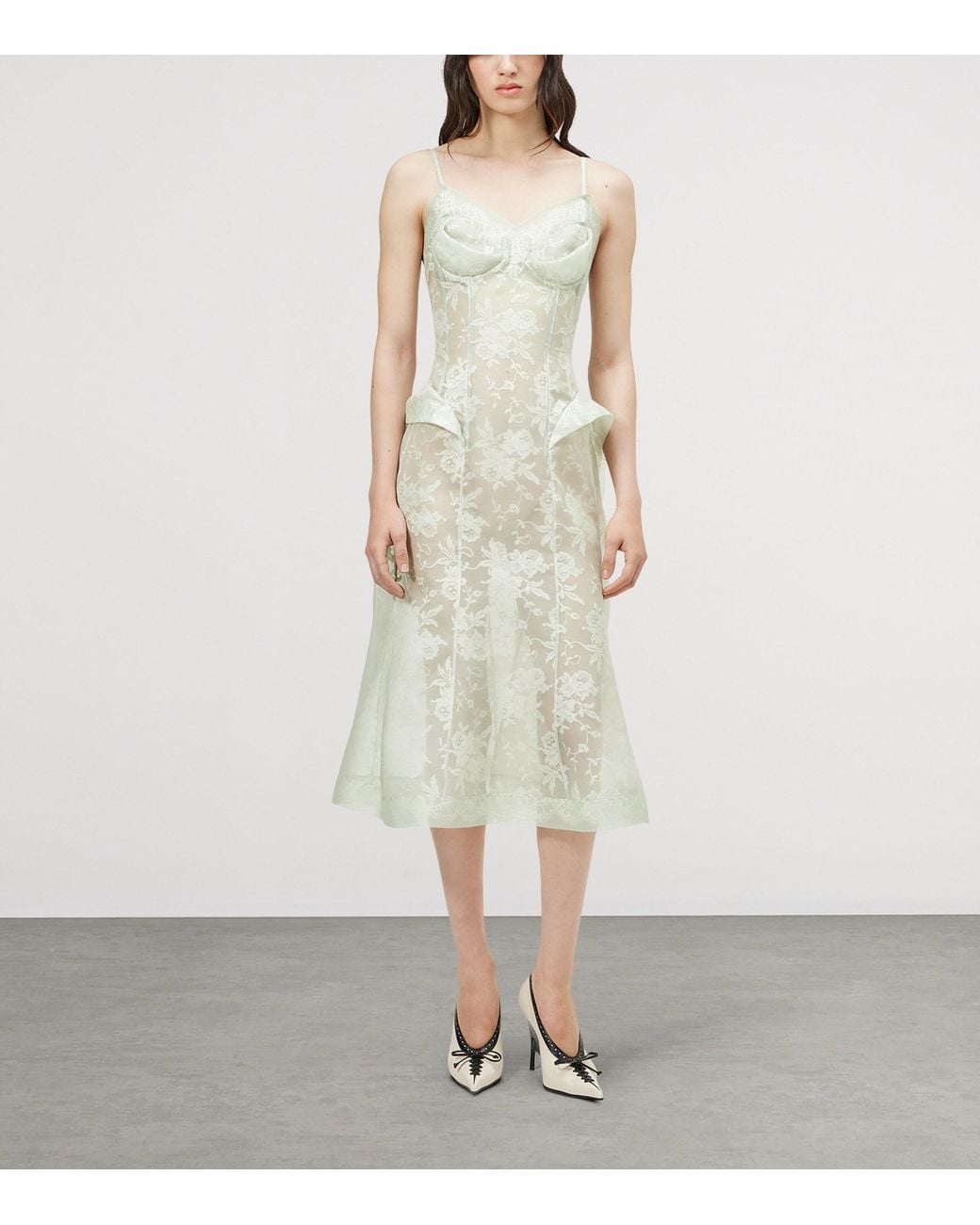 McQueen White Silk Lace Floral Midi Dress