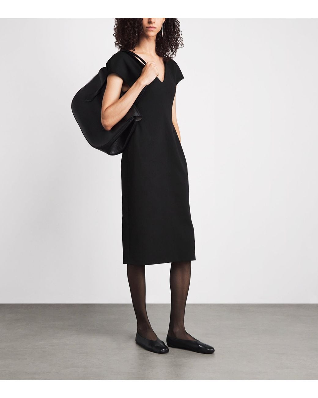 Jil Sander Black Wool Sablé V-Neck Midi Dress