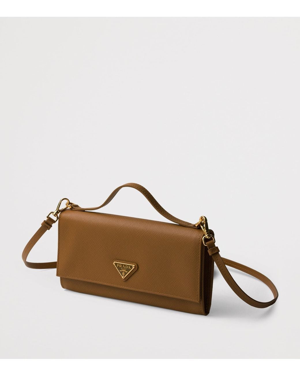 Prada Brown Saffiano Leather Wallet With Shoulder Strap