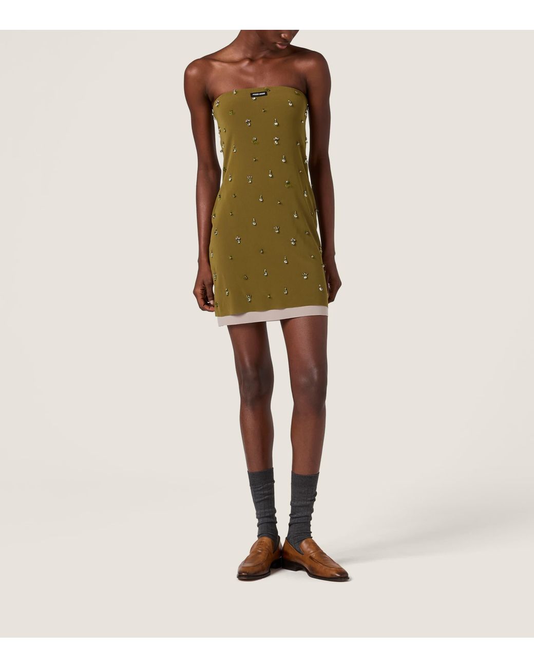 Miu Miu Green Silk Embellished Strapless Mini Dress