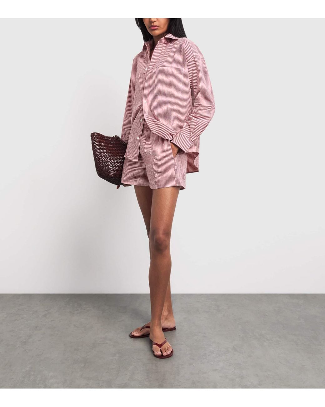 With Nothing Underneath Pink Seersucker Striped The Weekend Shirt