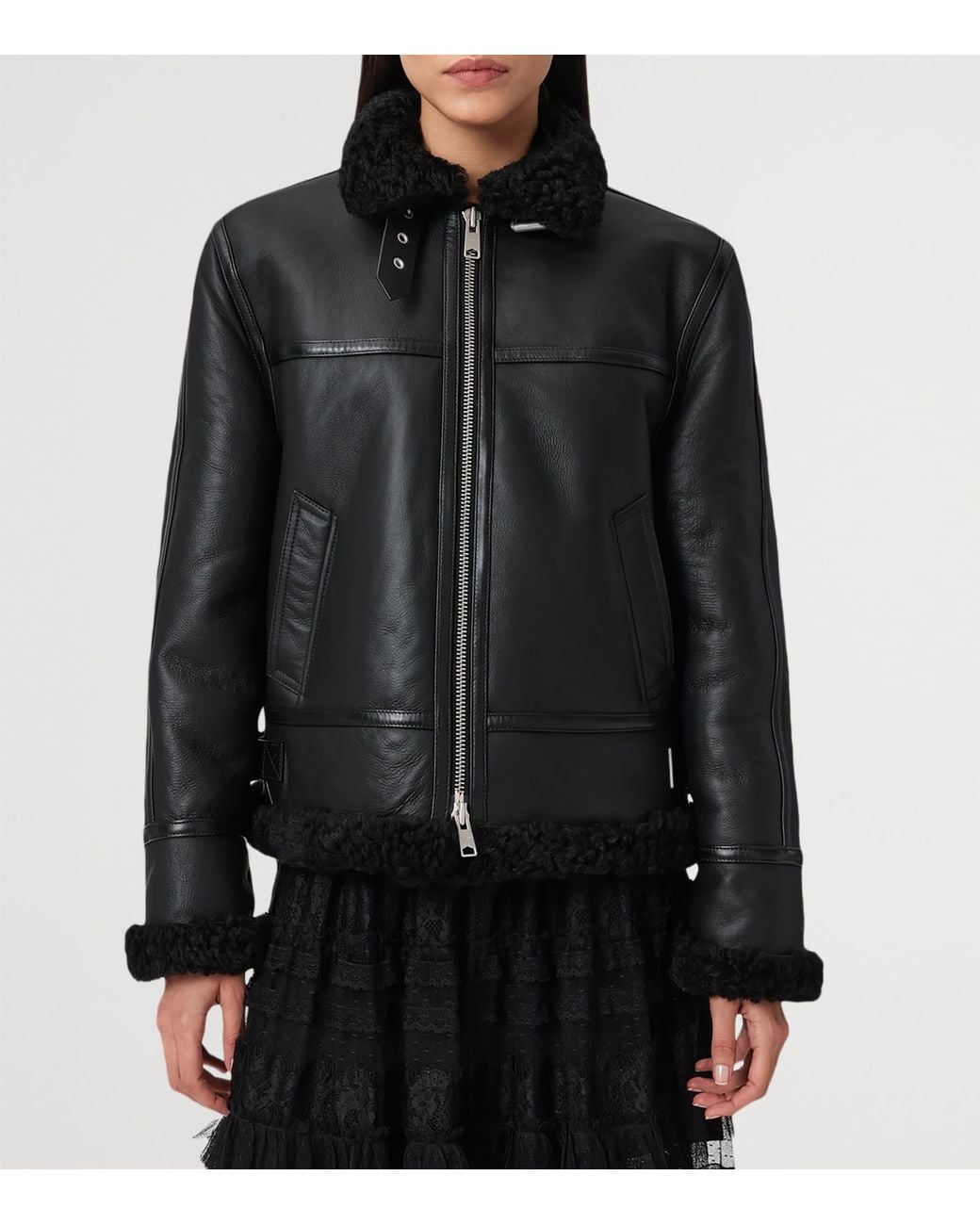 AllSaints Black Shearling Lorel Flying Jacket