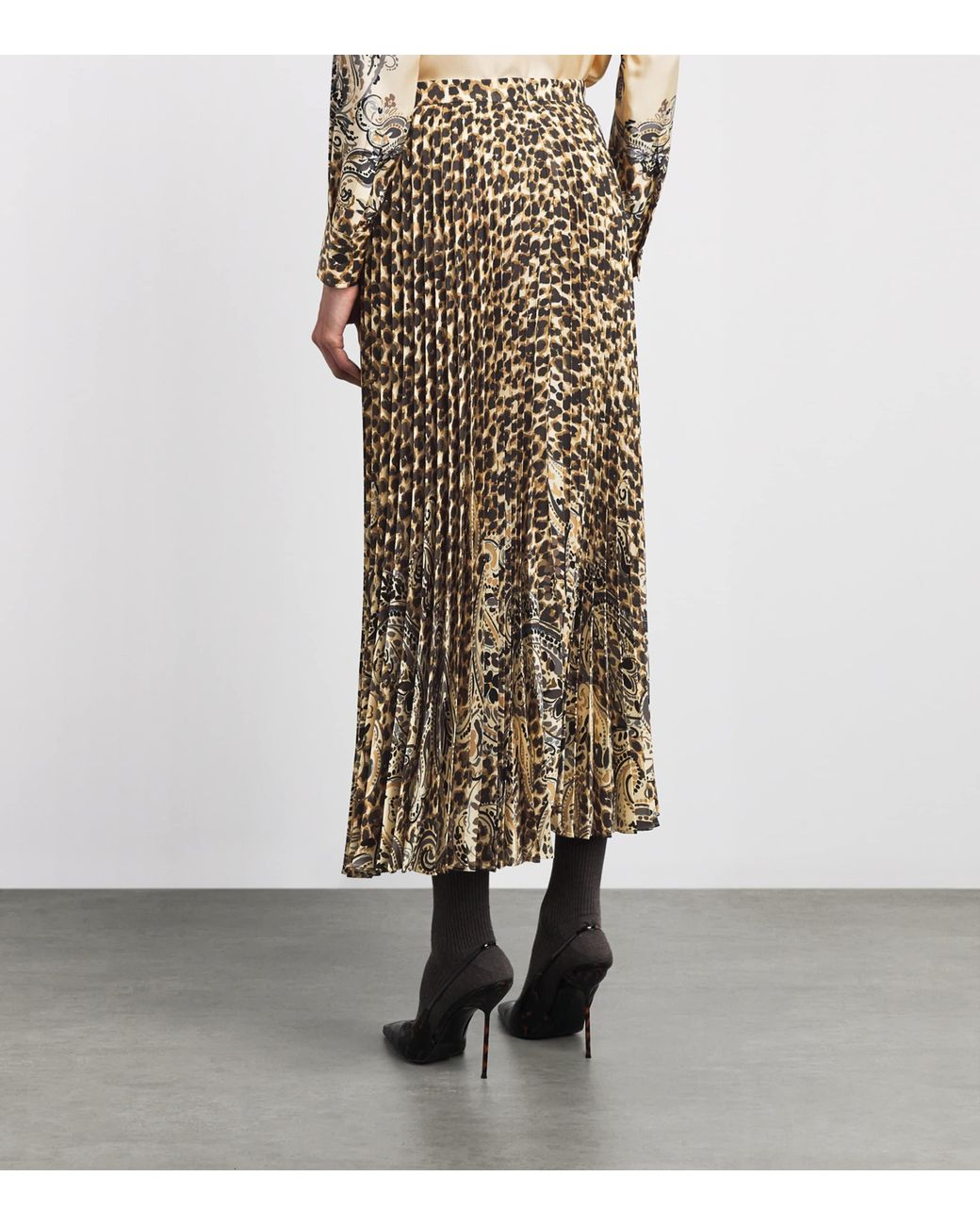 Etro Natural Satin Leopard Pleated Maxi Skirt