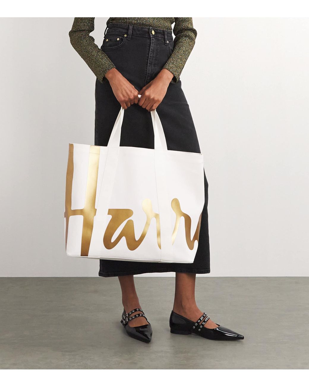 Harrods White Large Cotton Logo Tote Bag
