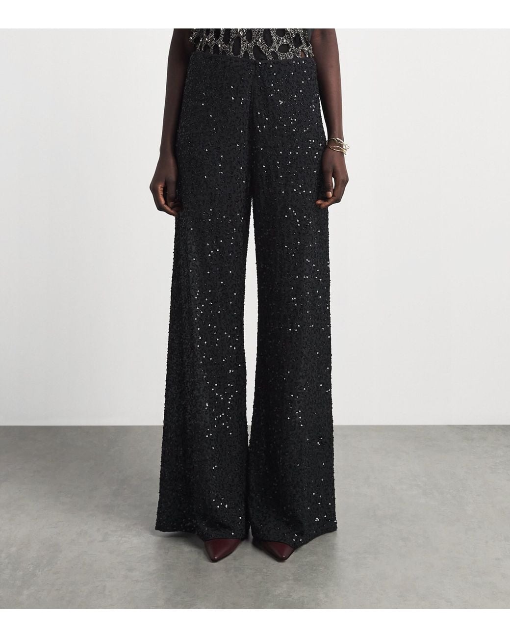 Alice + Olivia Black Sequin Athena Wide-Leg Trousers