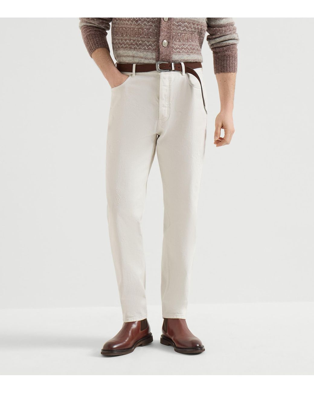 Brunello Cucinelli White Cotton Denim Five-Pocket Trousers for men
