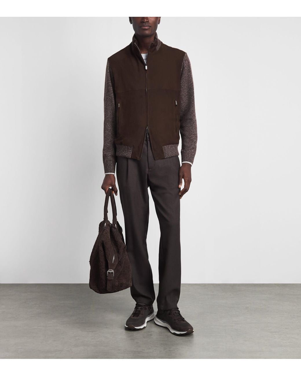 Paul & Shark Brown Suede Knitted-Sleeve Jacket for men
