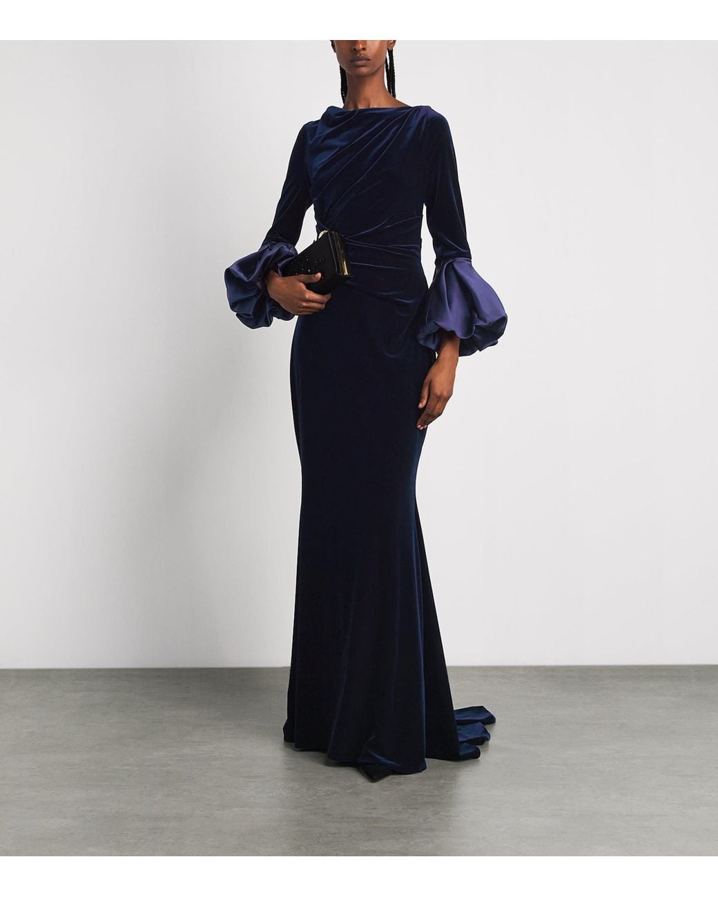 Talbot Runhof Blue Stretch-Velvet Draped Gown