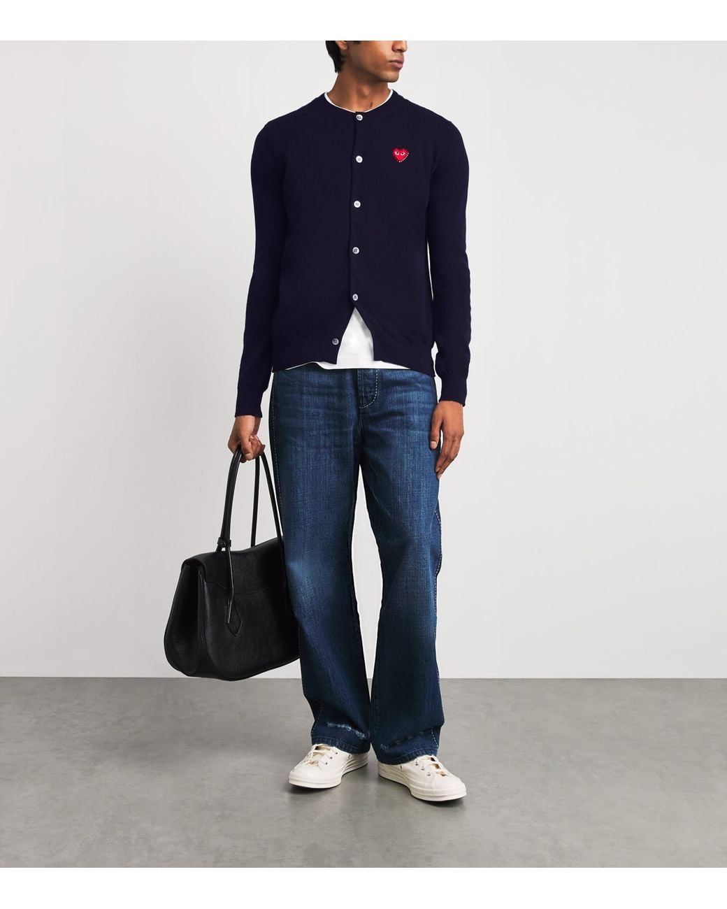 COMME DES GARÇONS PLAY Blue Wool Rhinestone Heart Logo Cardigan for men