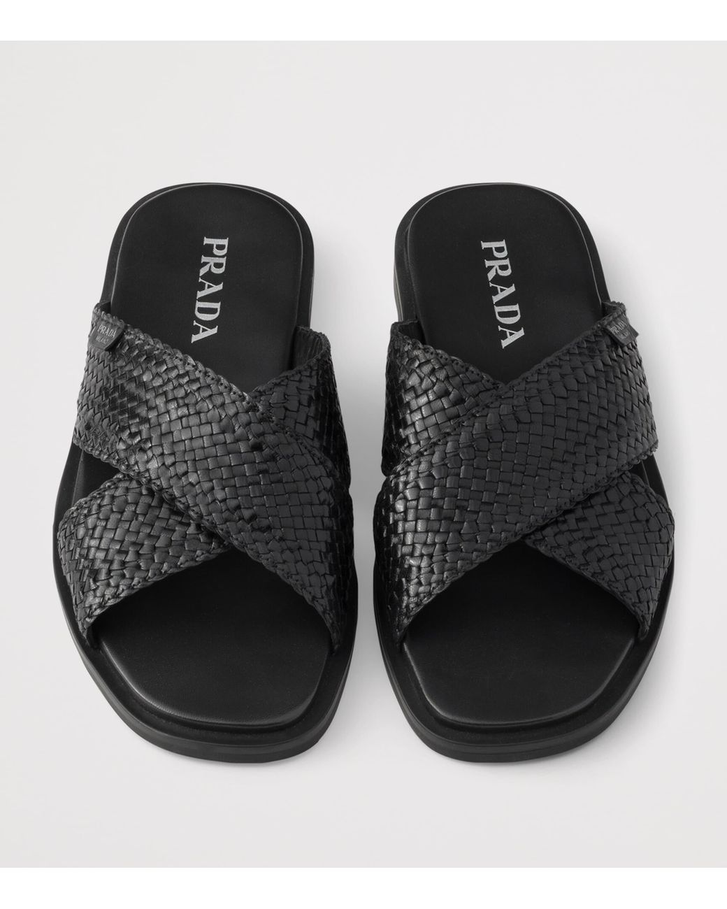 Prada Black Leather Woven Crisscross Sandals for men