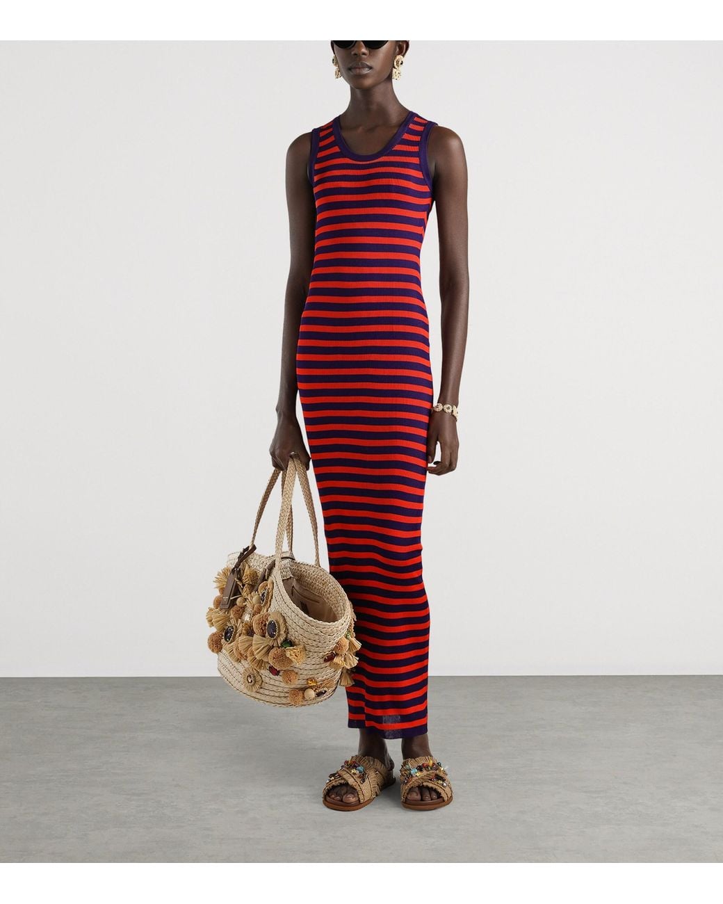 Dolce & Gabbana Red Rib-Knit Stripe Maxi Dress